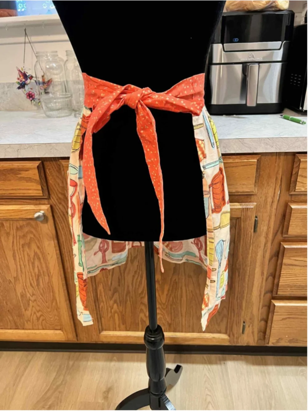 Handmade Cotton Apron Retro Kitchen Utensil Print Orange Waistband XS/S Pockets